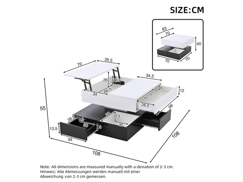  Table basse blanche et noire, table basse pivotante à 360° avec 3 tiroirs, console centrale relevable pour salon  - Conforama D