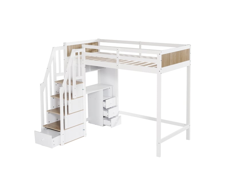  Lit mezzanine enfant 90x200 cm – blanc et naturel – bureau, escalier de rangement, 3 tiroirs – sans matelas  - Conforama D