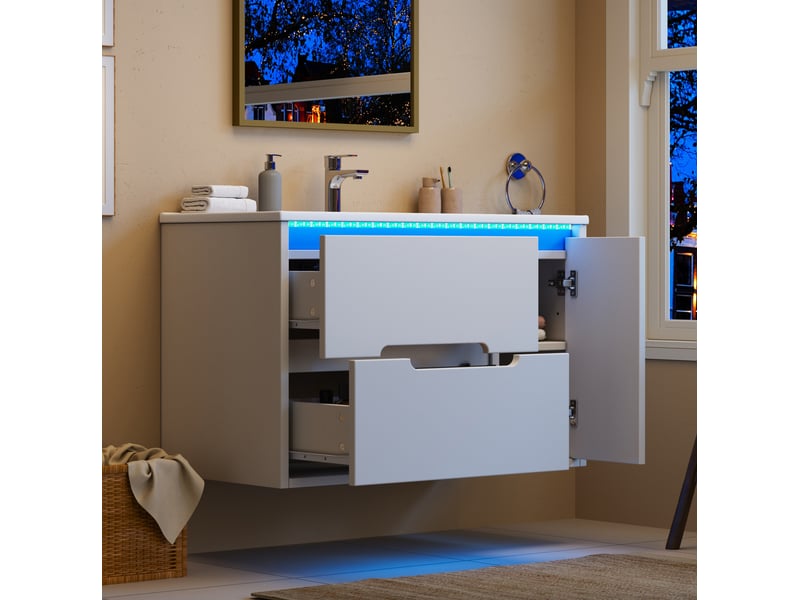 Meuble sous vasque de salle de bain avec 2 tiroirs, 1 porte, étagères réglables, led et lavabo céramique pour salle de bain - Conforama D
