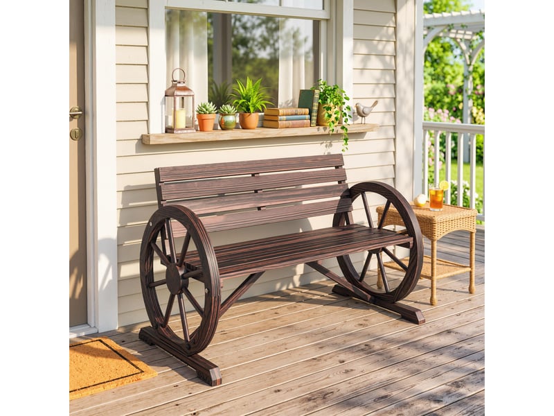  Banc de jardin banc 3 places banc en bois style rustique chic accoudoirs roues carbonisation  - Conforama C