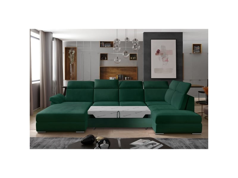  Canapé panoramique convertible majesta 5 places vert foncé – angle gauche  - Conforama D