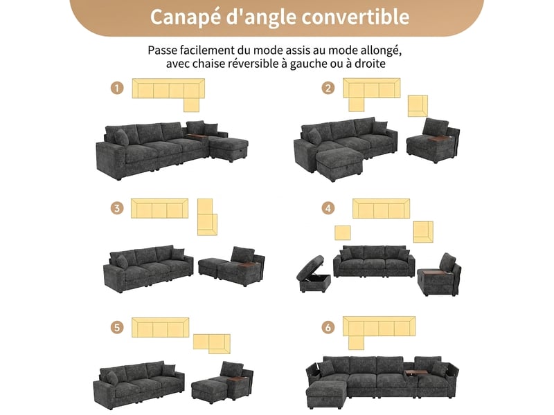  Canapé d'angle modulable gris 5 places avec pouf - tissu chenille, ports usbtype-c, table pivotante  - Conforama E