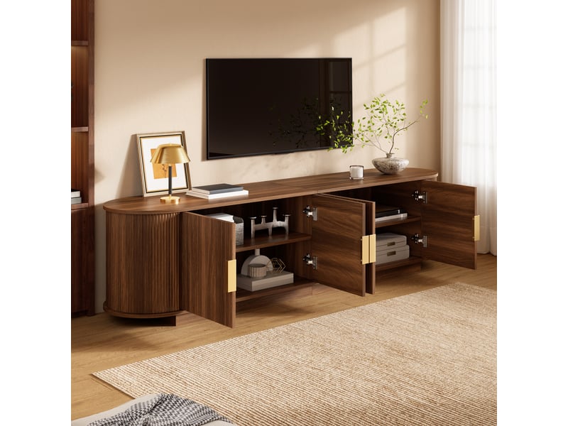  Meuble tv led 180x35x50 cm, 4 portes, rangements intégrés, poignées métal, mdf et panneau de particules, noyer  - Conforama C