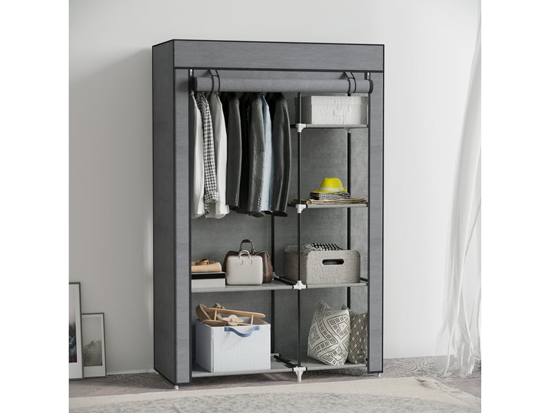  Armoire en tissu, solution de rangement, 6 étagères, 1 tringle, gris foncé  - Conforama E