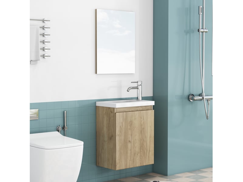 Meuble sous vasque mural avec 1 porte, vasque en céramique et miroir sans poignée pour salle de bain en mdf chêne - Conforama D