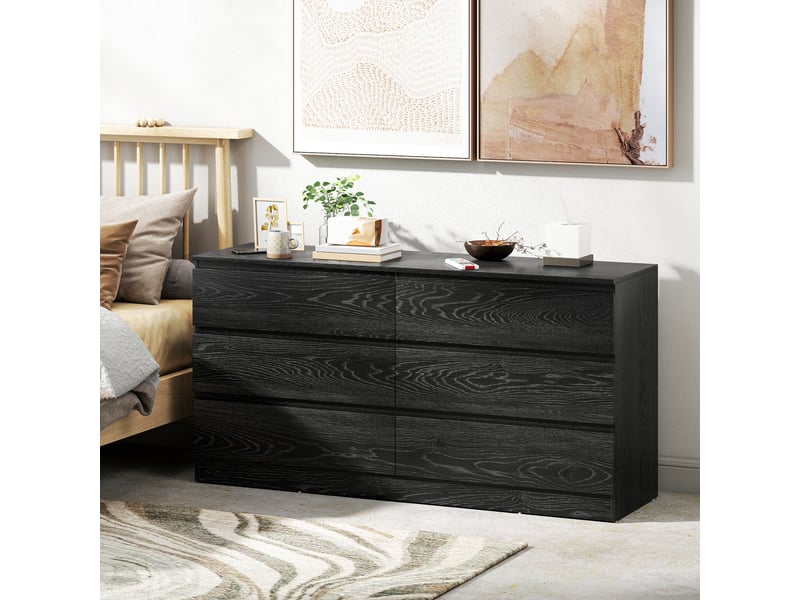  Commode à 6 tiroirs pour chambre, style moderne, pour salon ou bureau, 140 x 40 x 71 cm, aspect bois noir.  - Conforama D