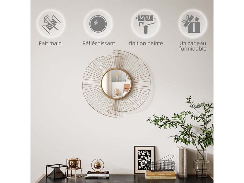  Miroir décoratif rond 60 cm avec fixation à 360°, décoration murale en métal moderne avec détails plissés, doré  - Conforama R