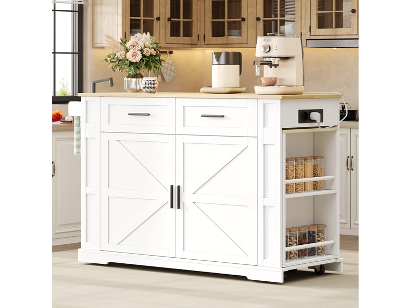  Desserte de cuisine 130x50x93 cm extensible avec prises, blanc et chêne clair  - Conforama D
