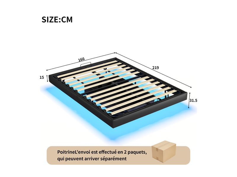  Cadre de lit coffre sans tête de lit - 160 x 200 cm-noir - avec éclairage led sous le lit, prises et vérins hydrauliques  - Conforama B