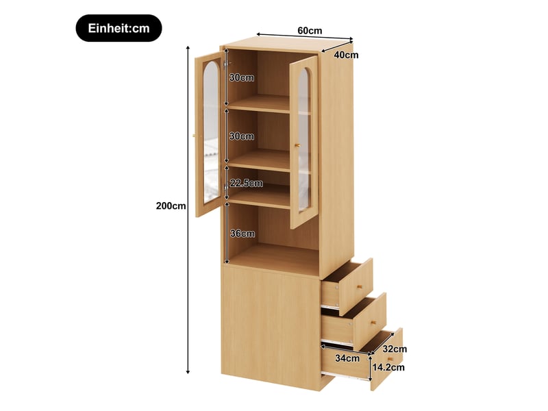  Bibliothèque haute 60 x 40 x 200 cm – chêne – vitrine en verre trempé, led multicolore et tiroirs  - Conforama C