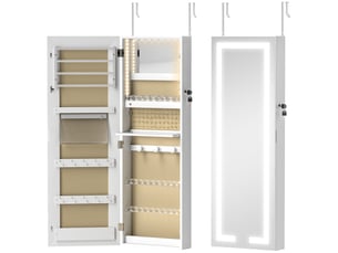 Armoire à bijoux avec led, organisateur de bijoux muralde porte verrouillable avec miroir, blanc, 37 x 10,5 x 108 cm