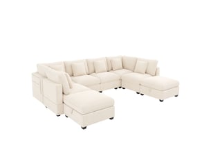 Canapé d'angle panoramique fixe <strong></strong> <strong></strong> 8 places Tissu beige avec coffre de rangement