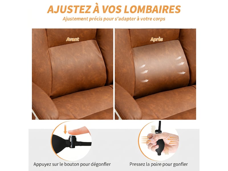  Chaise bureau ergonomique fauteuil de bureau en pu soutien lombaire gonflable dossier inclinable hauteur réglable marron  - Conforama E