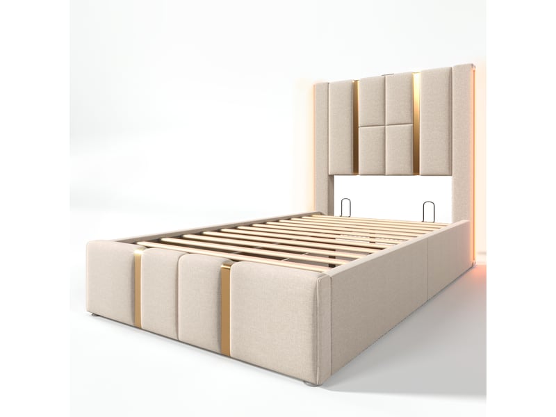  Lit simple rembourré 90x200 cm beige lin, led contrôlée par appli, usb-c, rangement  - Conforama D
