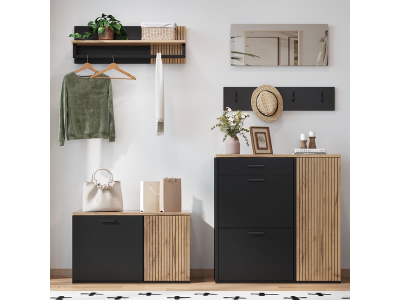  Meuble d'entrée complet, ensemble de vestiaire d'entrée 5 pièces avec meuble à chaussures banquette miroir étagère et patères, naturel  - Conforama C