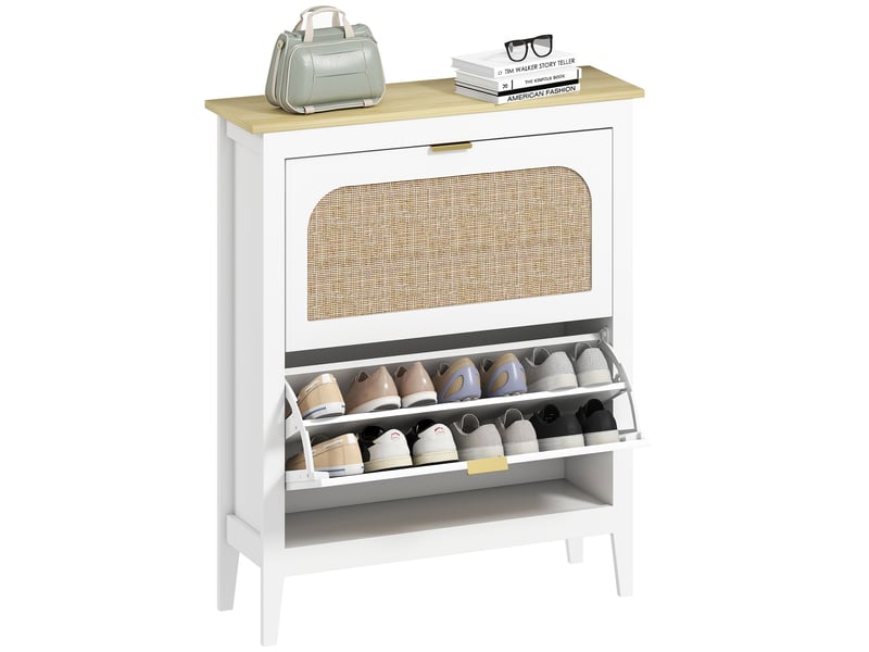  Meuble à chaussures 14 paires bohème avec 2 tiroirs rabattables, portes effet cannage rotin, 80 x 24 x 95,5 cm, blanc  - Conforama A