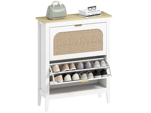 Meuble à chaussures 14 paires bohème avec 2 tiroirs rabattables, portes effet cannage rotin, 80 x 24 x 95,5 cm, blanc