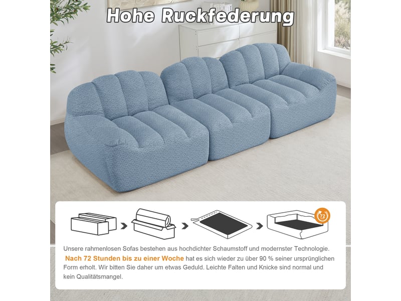  Canapé droit - sans structure 3 places 288x104 cm - forme ergonomique - mousse 32d - polaire granulée - bleu  - Conforama W