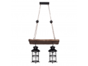 Suspension rustique ABRILA Cortijo 2 lumières E27 marron, bois métal et verre, hauteur réglable 106-132 cm, 51 x 21 cm