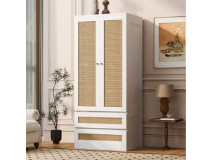 Armoire avec 2 portes, 2 tiroirs et grand compartiment, portes effet rotin, pour chambre, blanche, 70 × 55 × 170 cm