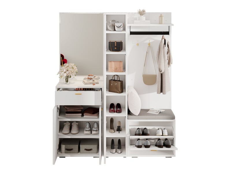  Meubles d'entrée avec miroir, penderie, 3 portes, tiroir, meuble à chaussures et banc blanc 150 × 36 × 180 cm  - Conforama A
