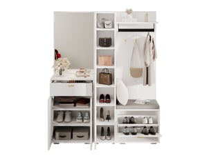 Meubles d'entrée avec miroir, penderie, 3 portes, tiroir, meuble à chaussures et banc blanc 150 × 36 × 180 cm