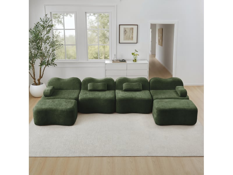 Canapé modulaire 4 places en u avec 2 poufs en velours vert - Conforama D