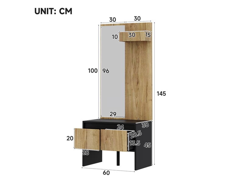  Meuble d'entrée avec miroir, porte-manteaux, banc à chaussures et 2 tiroirs en panneau de particules noir et naturel  - Conforama C