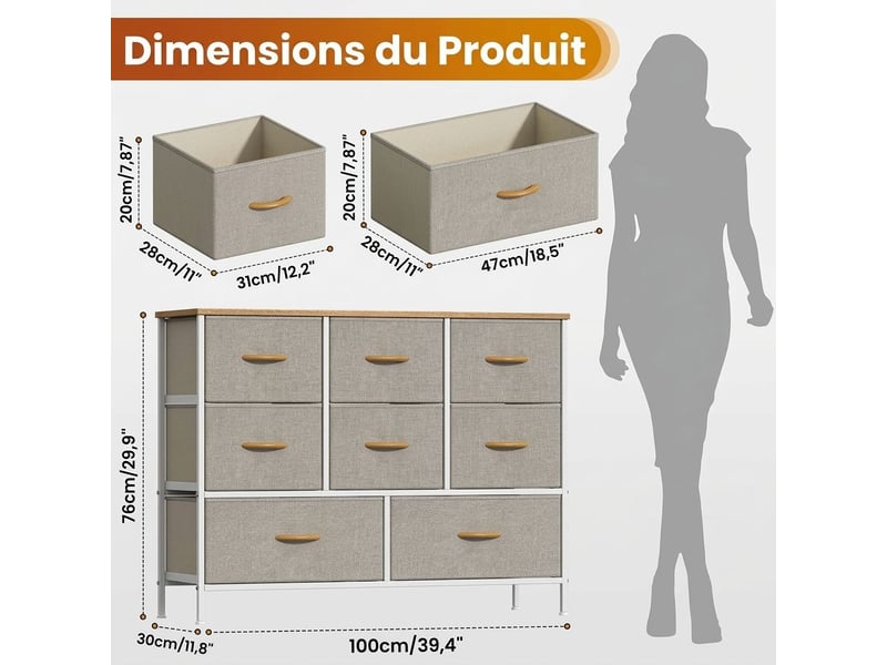  Chiffonnier meuble 100x30x76 cm huit tiroirs tissu kaki et metal blanc chambre  - Conforama E