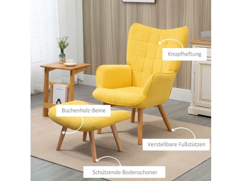  Fauteuil relax avec repose-pieds assorti, dossier haut, accoudoirs et pieds en hêtre, revêtement en polyester jaune  - Conforama E