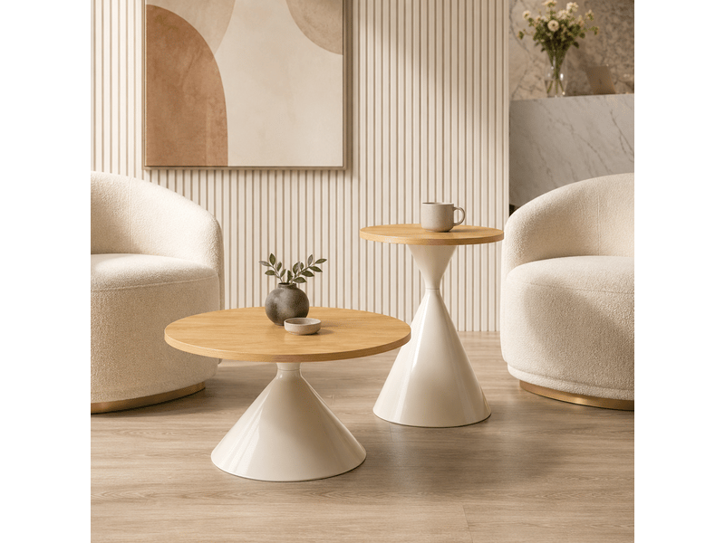  Lot de 2 tables rondes basse et d’appoint – plateau aspect bois, piètement crème – ø70 x h40 cm et ø50 x h50 cm  - Conforama C