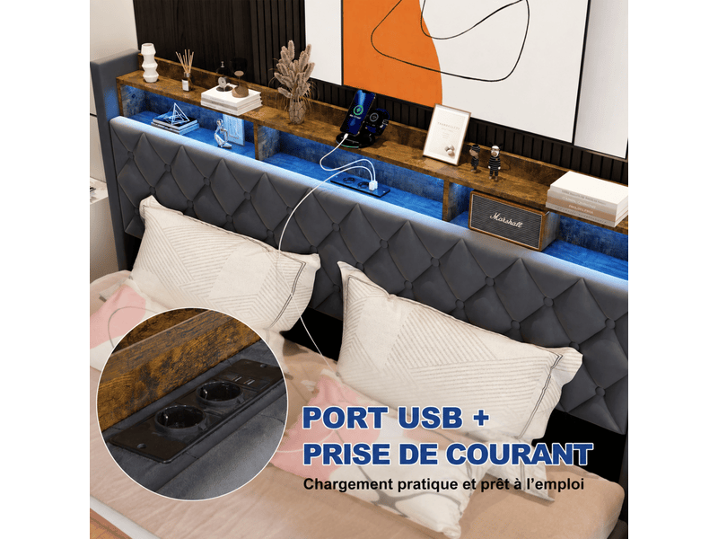 Lit double rembourré 180x200 cm avec port usb, led,gris  - Conforama R