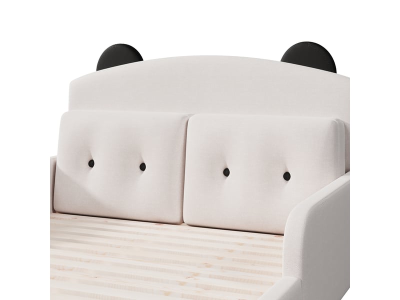  Lit double plateforme 140x200cm avec tête de lit motif ours, 2 coussins décoratifs, tissu lin blanc evarich - Conforama D