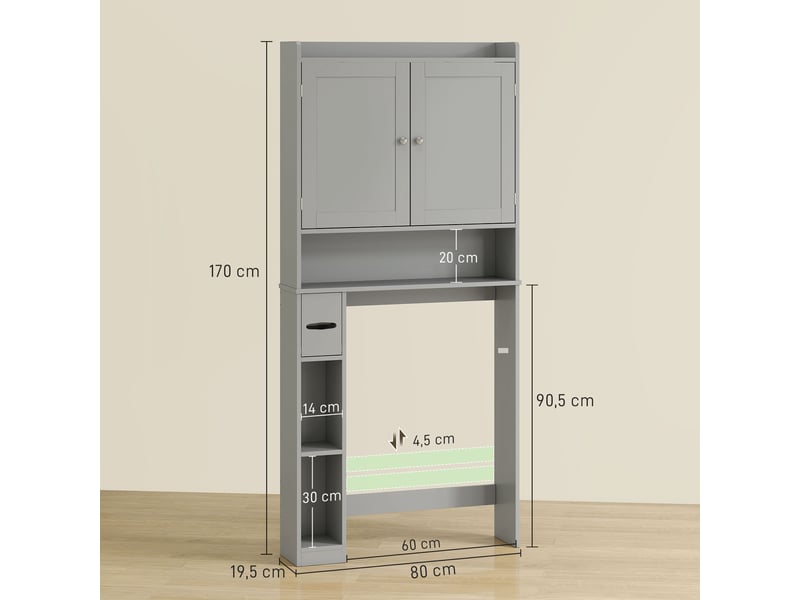 Meuble wc dessus de toilette ou machine à laver, 2 portes, 3 compartiments, porte-papier toilette, gris, 80x19,5x170cm - Conforama C