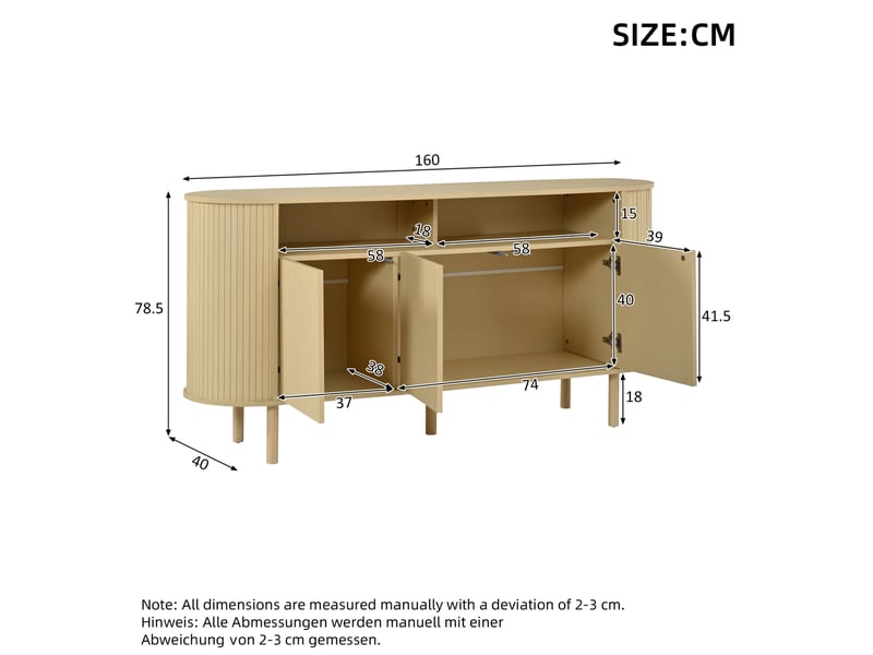  Buffet 160x40x78,5 cm 3 portes ondulées panneau de particules naturel  - Conforama E