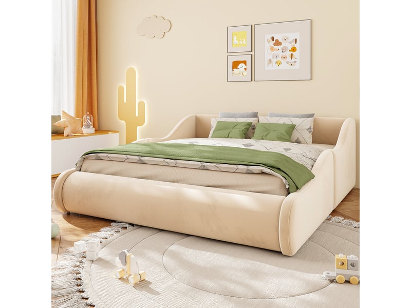  Lit 2 places 140x200 cm - lit rembourré en velours avec tête de lit haute et barrières de sécurité - beige  - Conforama D