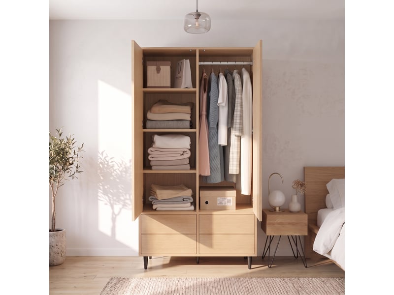  Armoire de chambre 90 x 45 x 200 cm, 4 tiroirs, 4 compartiments et 1 tringle, 2 portes avec miroir, chêne  - Conforama B