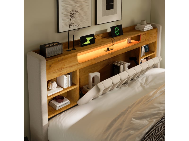  Lit coffre 140x190 cm avec led, ports usb et usb-c, coloris beige  - Conforama E