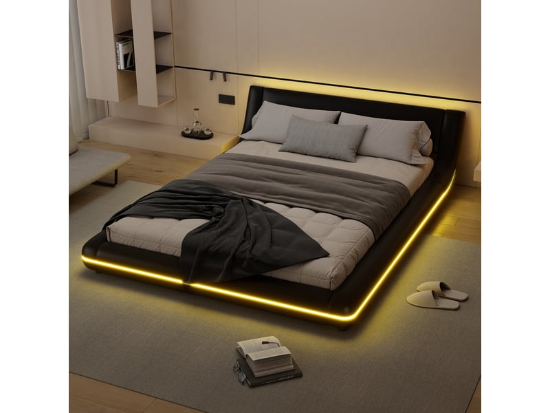  Lit plat au sol 140*200cm, éclairage led d'ambiance, design noir en pu, style moderne, chambre épurée  - Conforama E