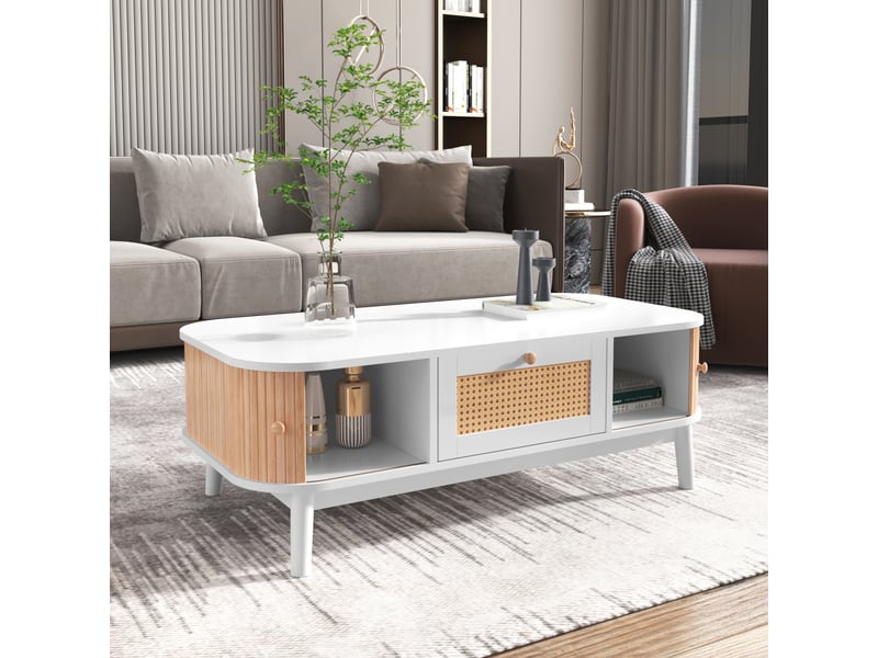  Table basse, 110x55x38.5 cm, bois massif, rotin, 2 tiroirs, portes coulissantes, style champêtre, design moderne et fonctionnel pour salon  - Conforama E