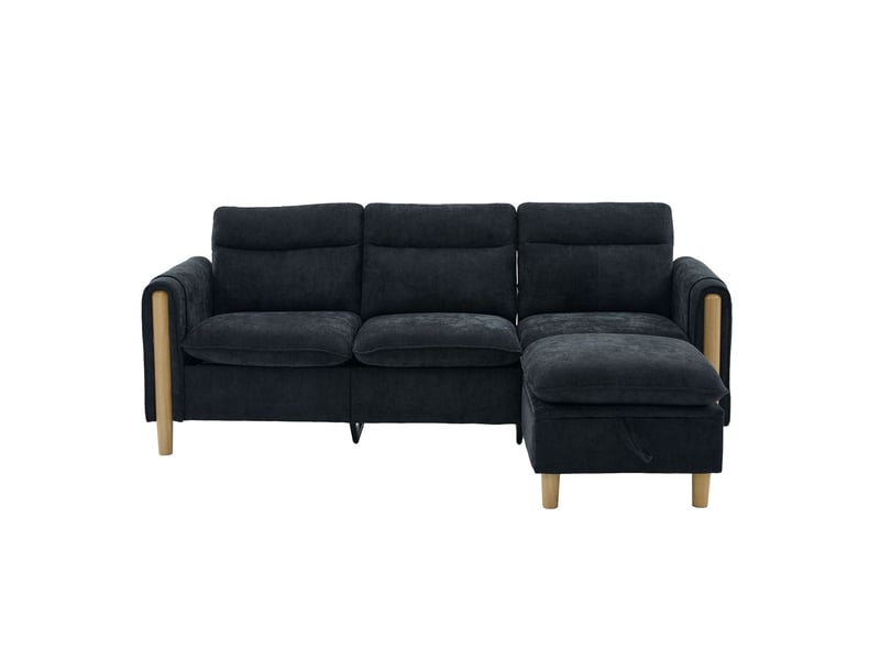  Canapé d'angle style nordique pouf de rangement format en l poches latérales pieds en bois tissu chenille noir  - Conforama A