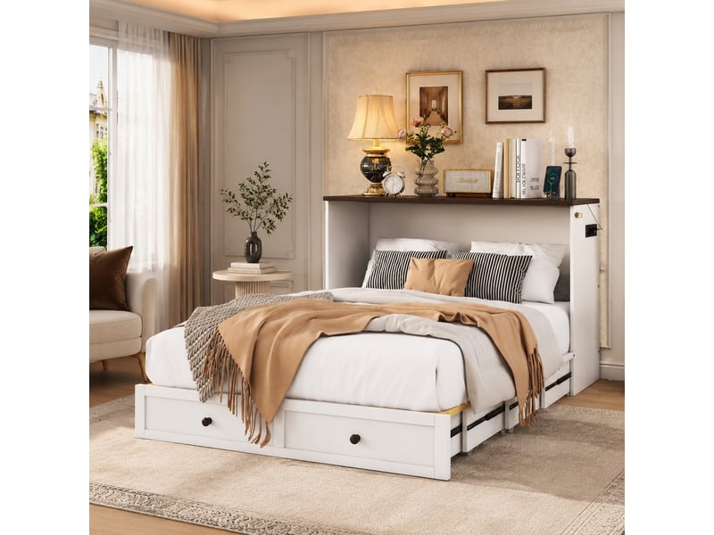 Lit escamotable 140 x 200 cm blanc avec tiroir, étagère, prise et usb - Conforama B