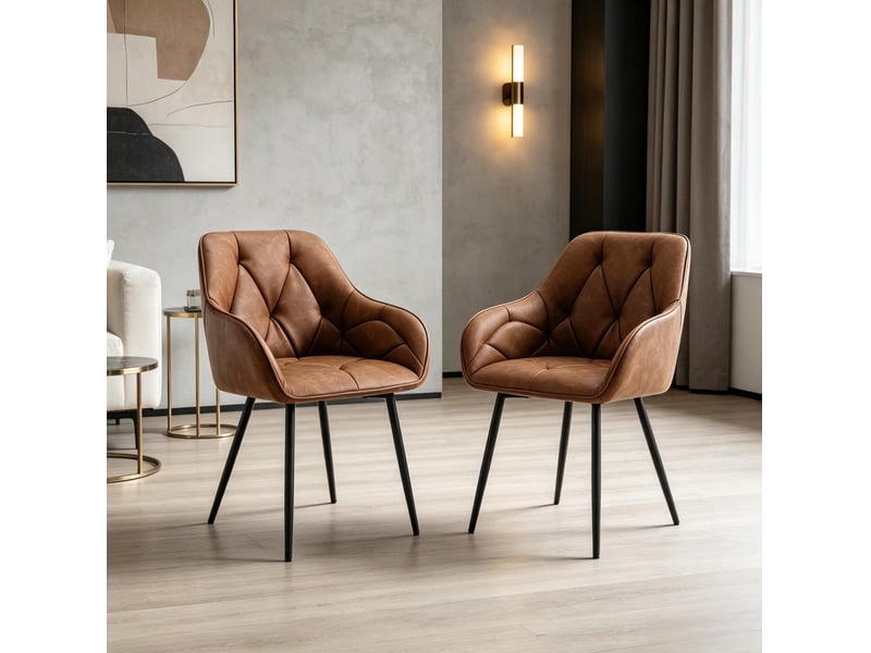  Chaise de salle à manger lot de 2 avec accoudoirs et dossier ergonomique en similicuir et métal marron  - Conforama D