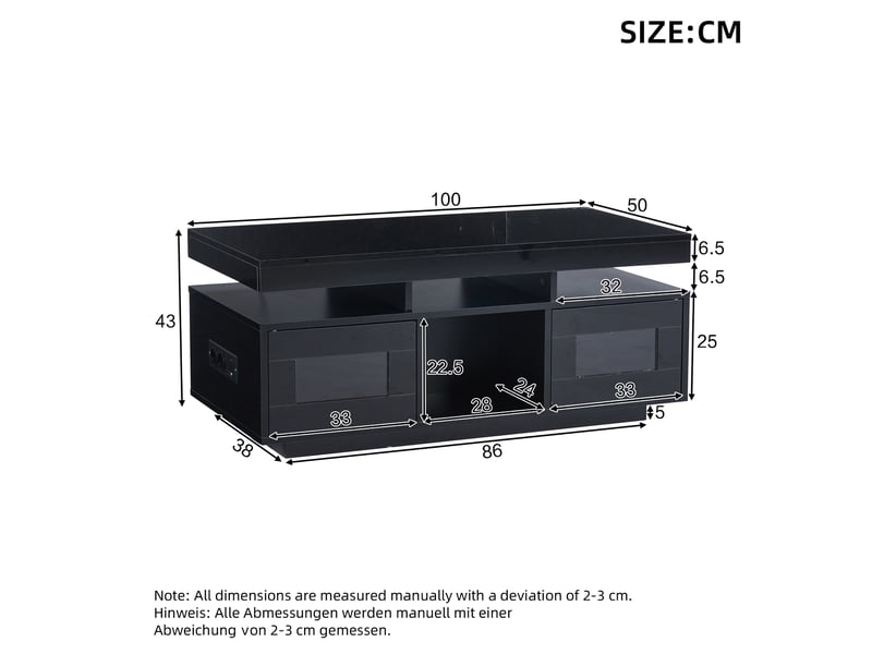 Table basse de salon rectangulaire 100x50x43 cm avec rangement, led, prise et usb, 2 portes et niches ouvertes en panneaux de particules - noir - Conforama C