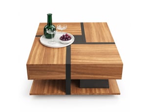 Table basse carrée avec 4 tiroirs et étagère ouverte, en panneaux de particules, noir et bois, 78×78×36 cm - uvrion