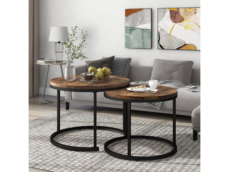  Lot de 2 tables basses rondes gigognes aspect bois marron - structure métal 70,5 cm  - Conforama B