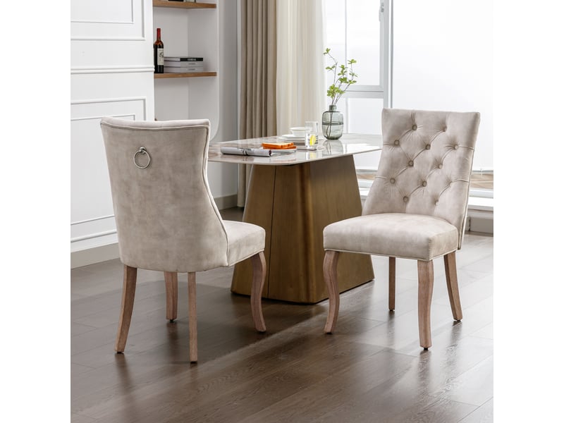  Chaise de salle à manger - lot de 2 chaises capitonnées avec dossier à boutons et pieds en bois massif, velours beige clair, 51×47×97 cm  - Conforama B
