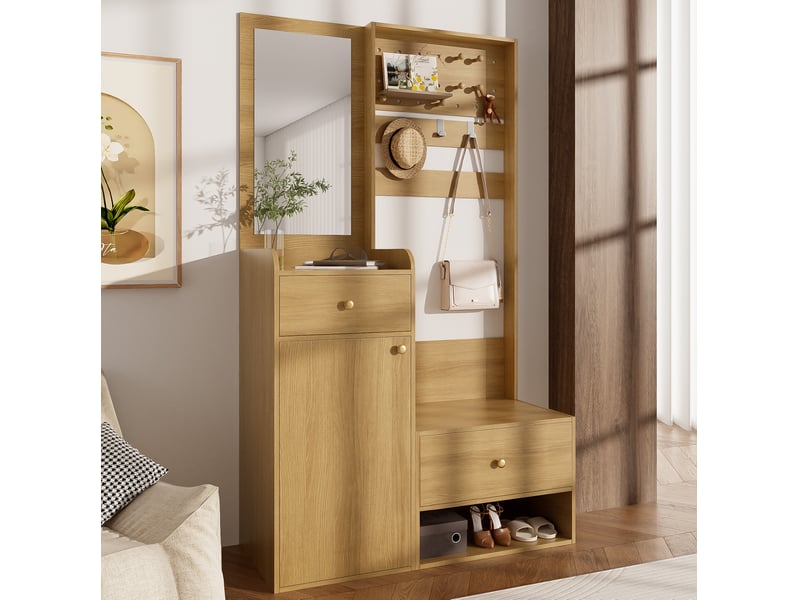  Meuble d’entrée avec miroir 105x38x180 cm, vestiaire, 2 tiroirs, rangement chaussures, meuble chambre, aggloméré, bois  - Conforama B