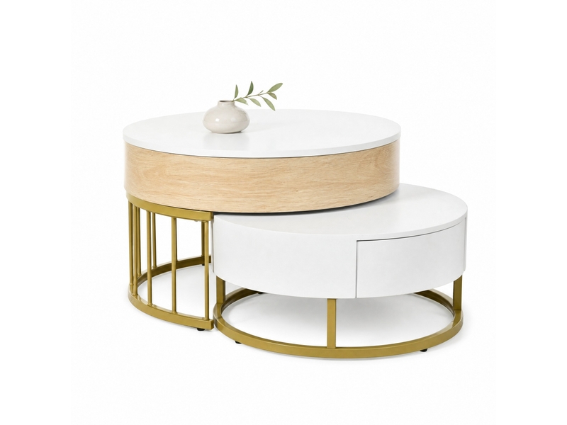  Tables basses gigognes rondes avec plateau relevable et tiroir, structure en métal doré, pour salon, blanc  - Conforama A