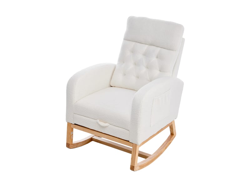 Fauteuil d'allaitement à bascule en bouclette blanc avec repose-pieds, chaise relax scandinave chambre bébé - Conforama A